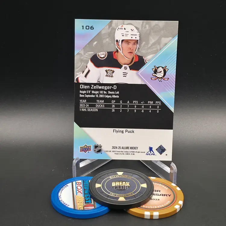 Olen Zelleweger Rookie SSP 2024-25 Upper Deck Allure Hockey Flying Puck Parallel Card #106 - Anaheim Ducks