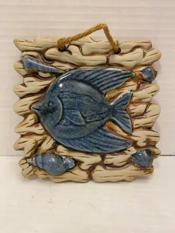 Square Pottery Blue Fish Hanging Plaque
