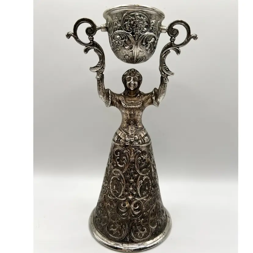VTG Silver Plated Toasting Wedding Goblet Woman Ornate Bell Cup Japan 8 in Height