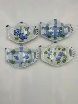 4 Blue and White Porcelain Floral  & Plaid Teabag Holders