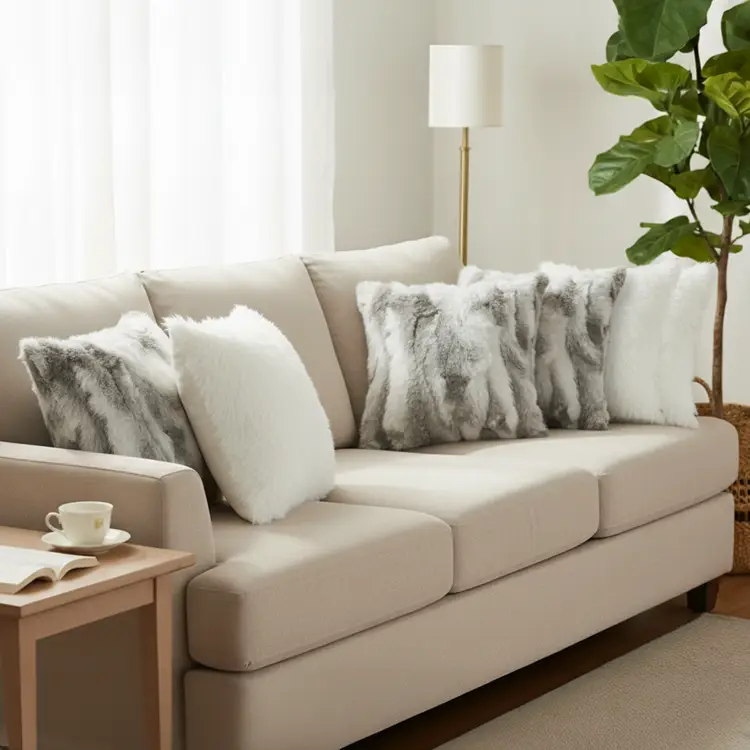 SOGA 6PC Pure White Textured & Premium White Faux Fur Pillow Covers 45cm Set