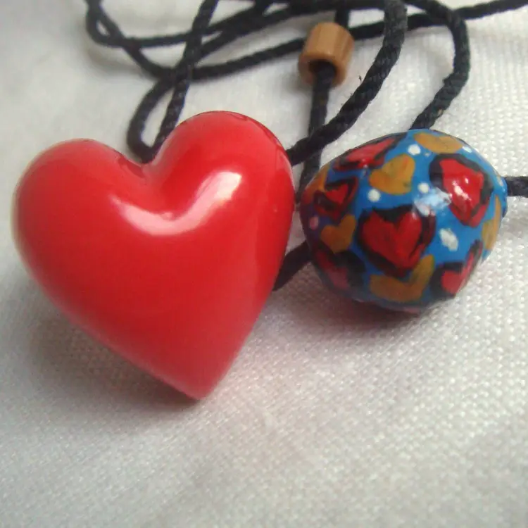 Funky Hearts Bead Necklace & Red Plastic Heart Ring