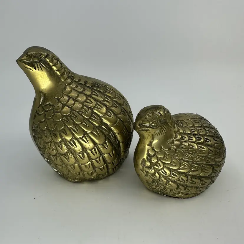 Brass Quail Figurines Birds Paperweights Set/2