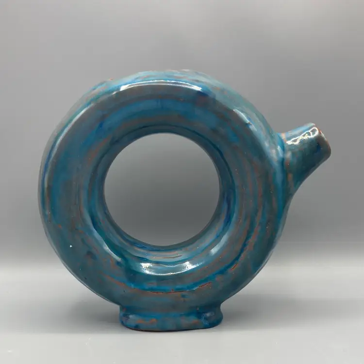 Unique Redware Blue Studio Art Pottery Round Watering Can