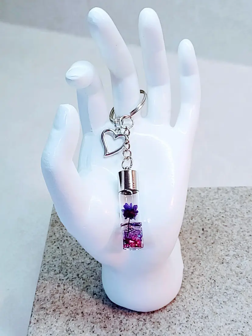 PURPLE FLOWER & FAIRY DUST HEART DANGLE GLASS BOTTLE STAINLESS STEEL KEYCHAIN