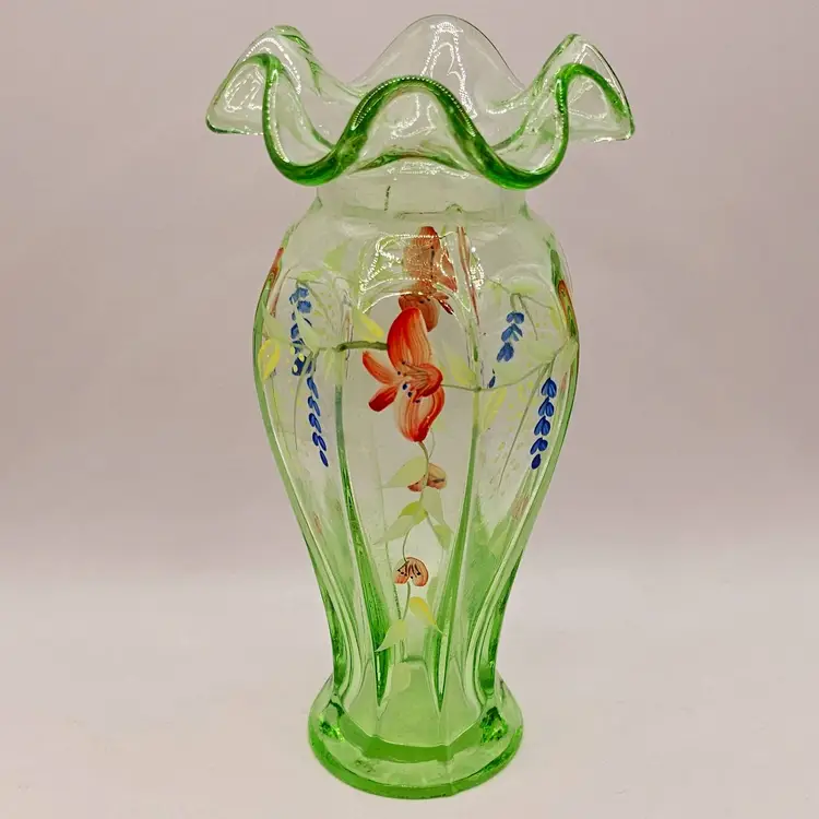 Dunbar Lime Green Octagon Ruffle Vase with Handpainted Flowers
