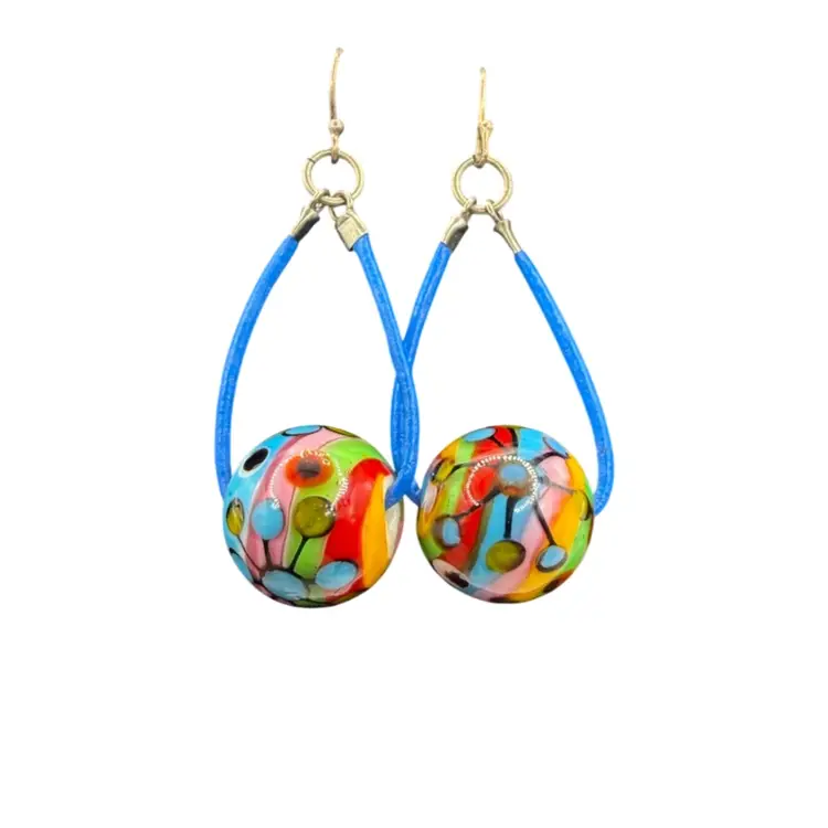Sterling Silver Artisan Glass Drop Pierced Earring - Rainbow Colorful Spinner Ball