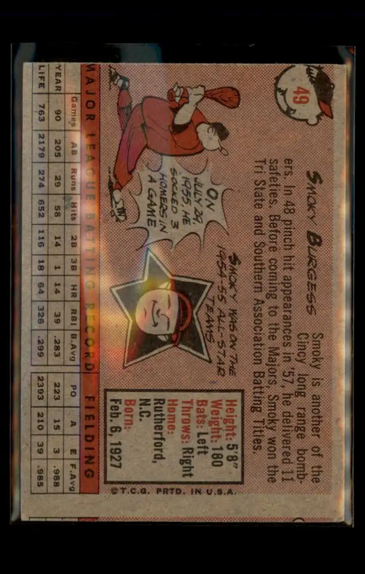 1958 Topps #49 Smoky Burgess - (pk4) - Cincinnati Redlegs