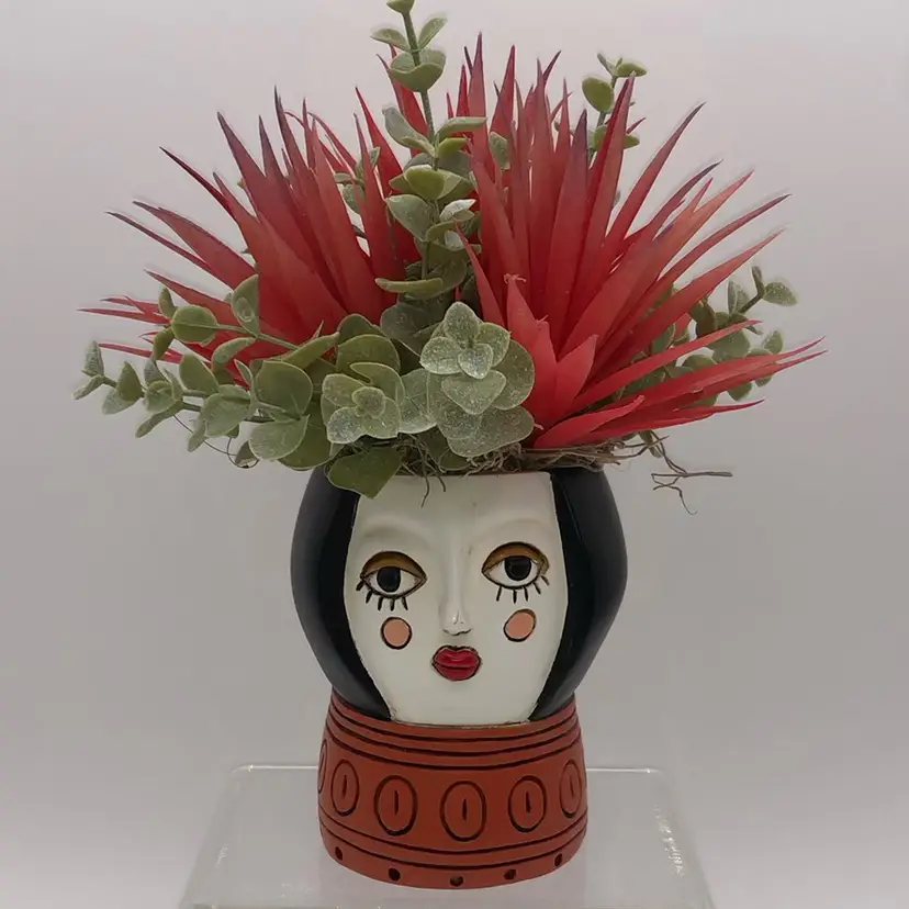Face Pot with Faux Plant 10"