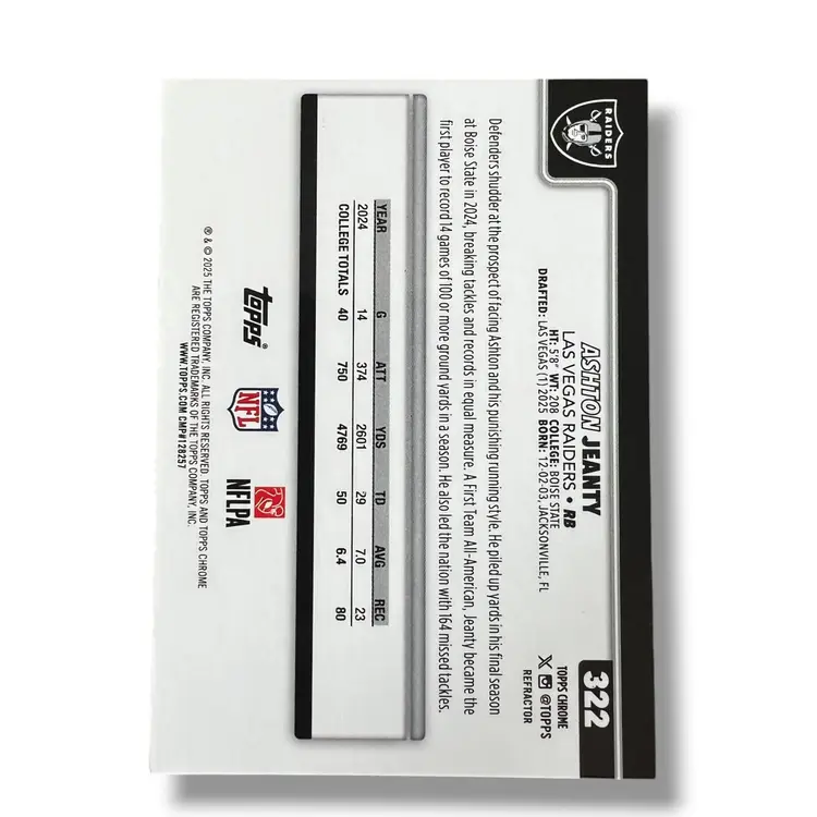 Ashton Jeanty RC Raiders 2025 Topps Chrome Football RC Refractor #322