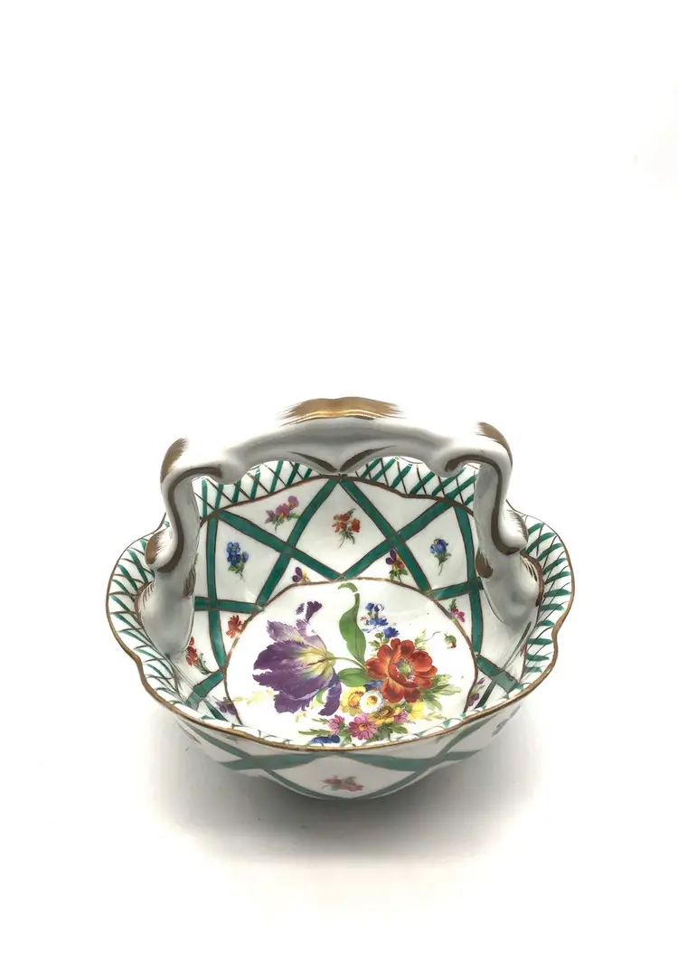 Gorgeous Elios Hand Painted Floral Green Blue Teal Plaid Porcelain Basket 