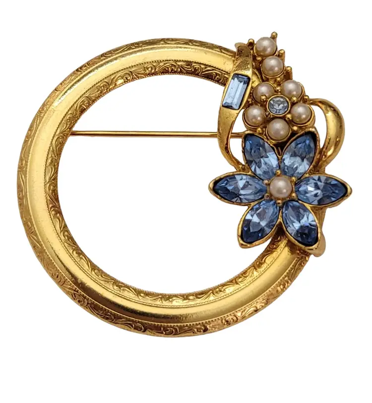 Vintage Gold Tone Open Round Blue Rhinestone Faux Pearl Flower Brooch Pin E631