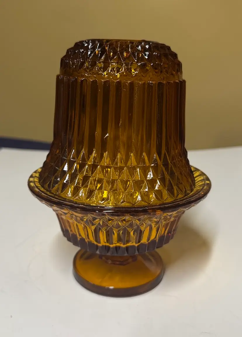 Indiana Glass Amber Diamond Point Pedestal Fairy Lamp 6.5” tall