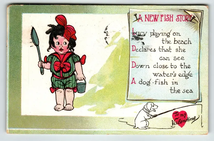 Valentines Day Postcard Fish Story Dogfish Girl Puppy Fishing Pole 1912 Tuck 13