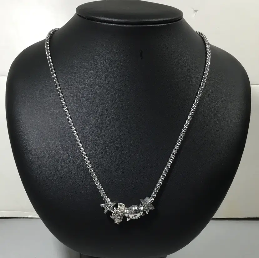 Sliding charm necklace, 2 fish and 2 stars, 20" stainless steel chain