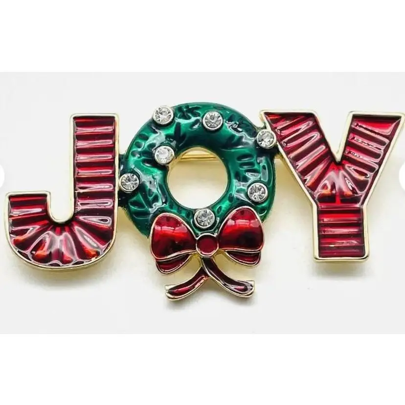 9859 JOY Christmas Wreath Pin with Rhinestones 2.5 inch