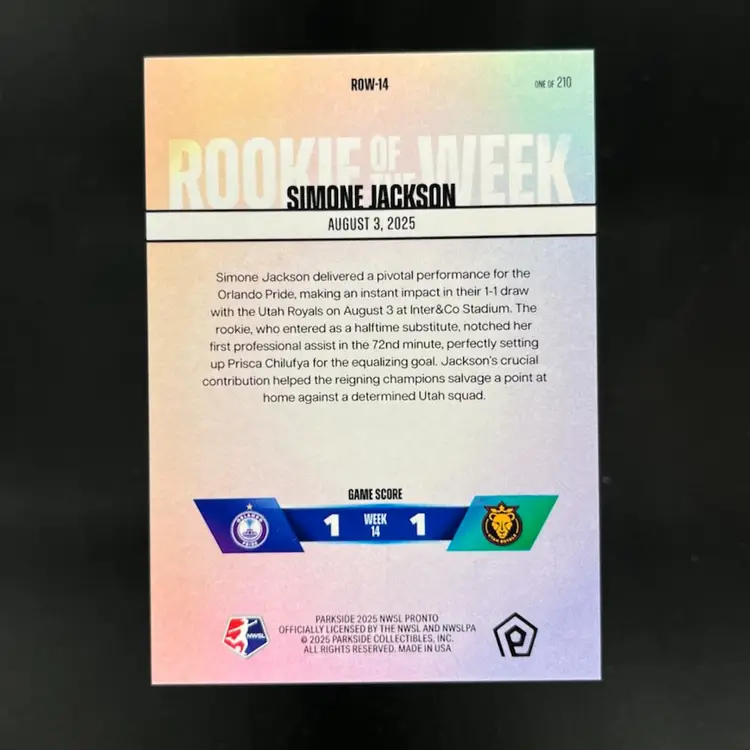 Simone Jackson 2025 NWSL Parkside Pronto Rookie Of The Week Subscriber Exclusive /210 Soccer Card #ROW14