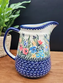Beautiful Polish Pottery Hand Painted Floral Water Pitcher UNIKAT Kalich Signed