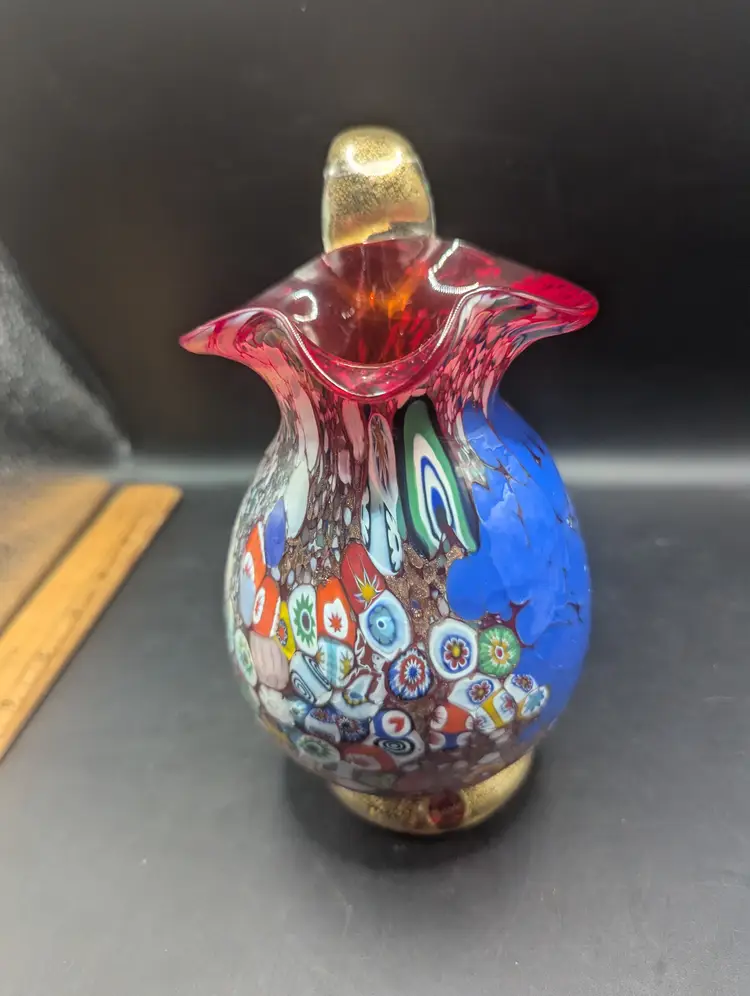 Murano Millefiori Glass Pitcher With Gold And Copper Specks Throughout 7".
