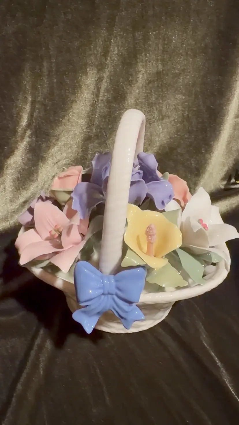 Beautiful Anna Rosa Collection Ceramic Flower Basket Music Box- Music box works!