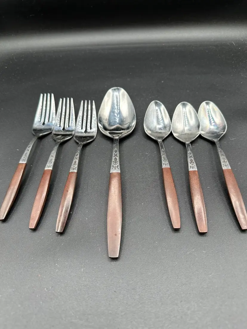 Lot 7 Grand Prix DIOR MUFFIN Stainless Wood Forged Japan Flatware Mid-century