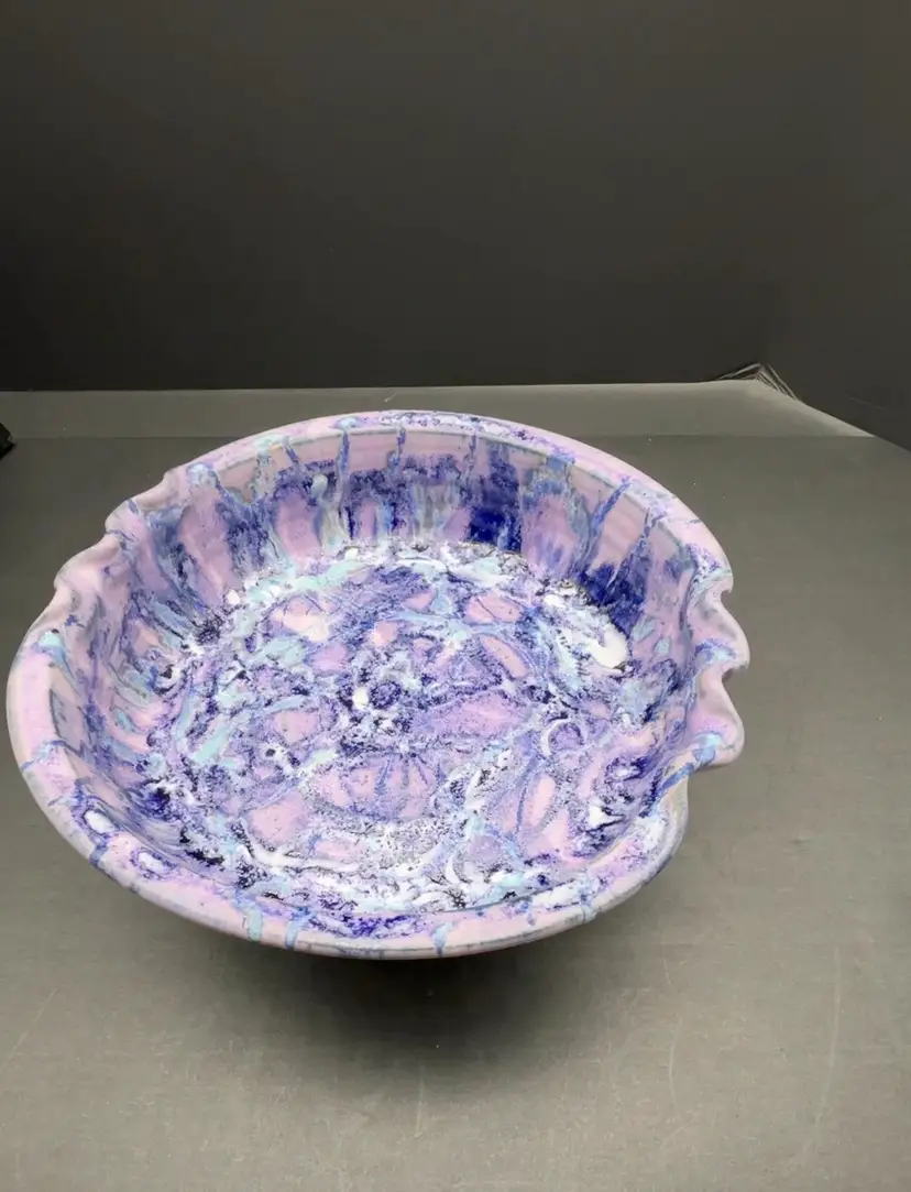 Barbara King Ocmulgee Pottery 10" Ruffled Stoneware Bowl Blue Purple Glaze Vintage