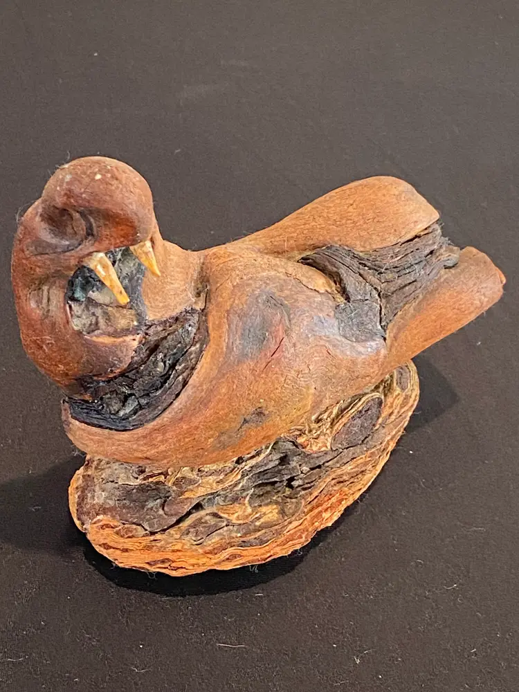 Antique Cypress Wood Carving of a Walrus, 5" x 5.5"