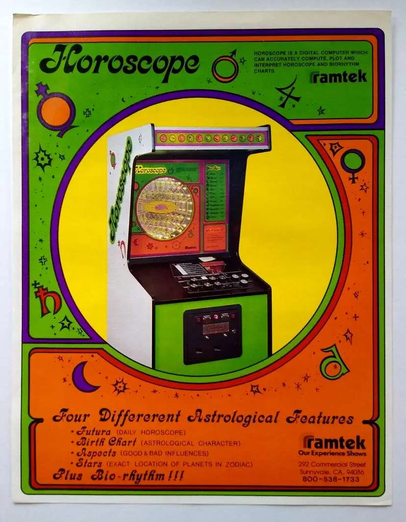 Horoscope Fortune Telling Machine FLYER Vintage Astrology Signs Star 1976 Ramtek