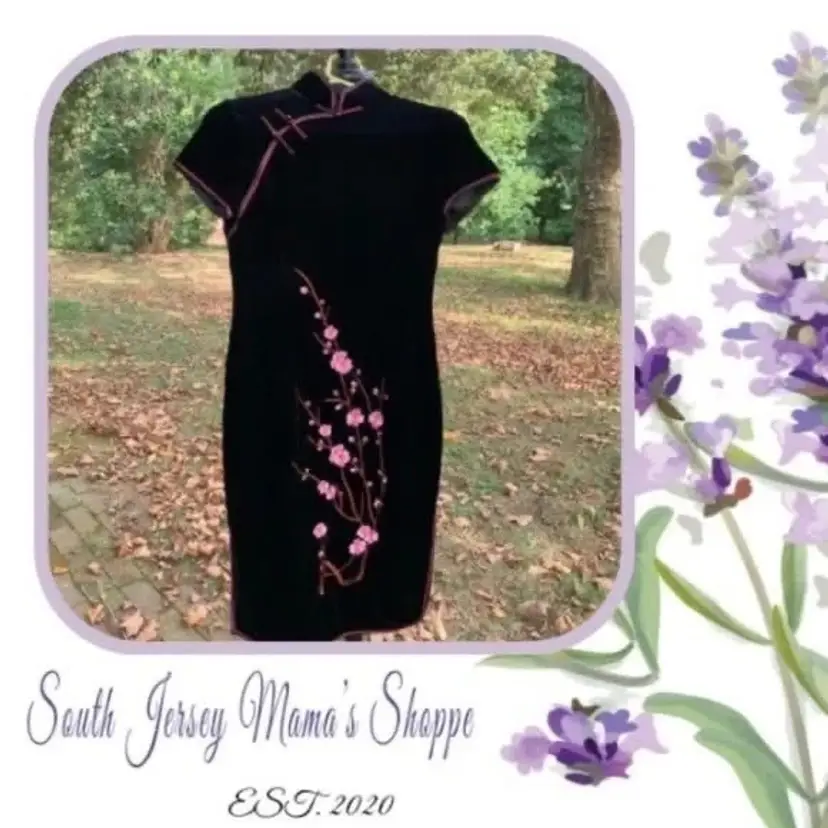 Vintage 1990s Chinese Silk Suede Qipao Dress Black Embroidered Pink Floral