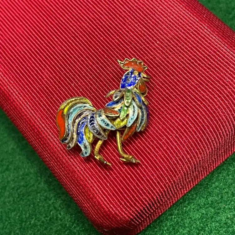 Enemeled 800 Silver Filigree Rooster Cockerel Brooch Pin Gold Wash Rainbow Red Blue Green Yellow