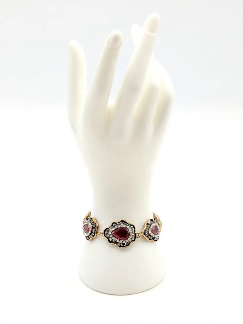 Vintage Inspired Turkish Style Red Crystal Bronze Tone Bracelet