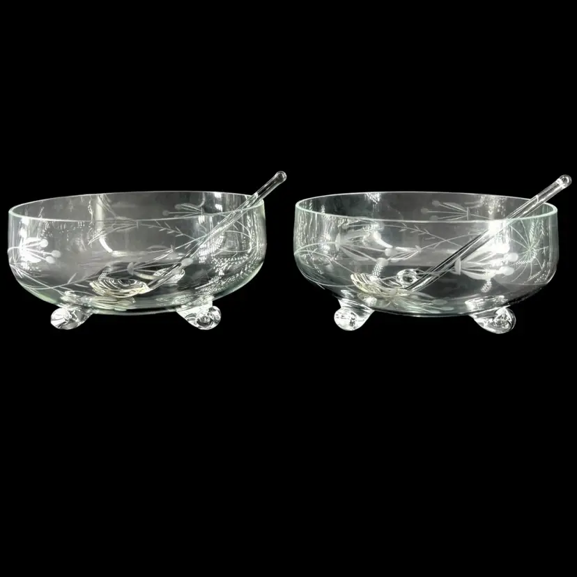 Condiment Dish Pair w/ 2 SpoonsBlown Cut Glass Etched Mayonnaise Server 3 Rams Horn Applied Feet Holidays Easter MCM Mid Century Modern Starburst Flower
