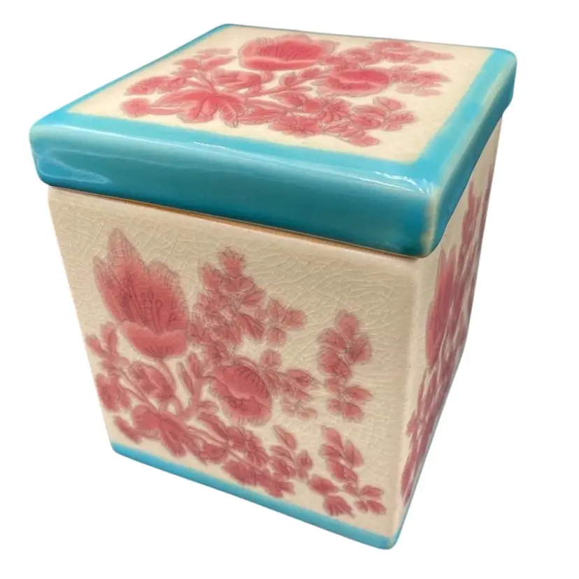 Vintage Pier 1  Pottery, Floral Pink, Peach, Aqua Square Storage Box/Canister