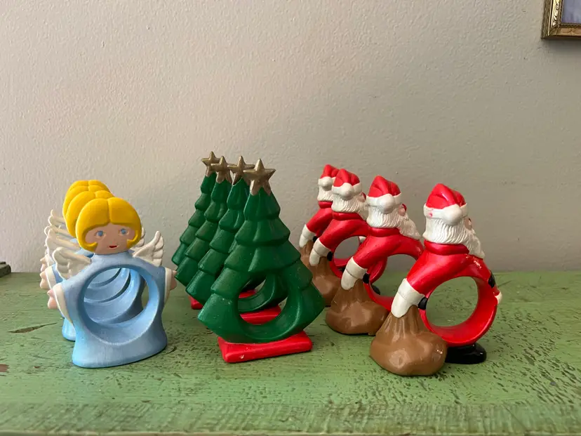 Vintage Christmas Napkin Rings. Ceramic 3D Angels, Christmas Trees, Santa Claus. 12 Piece Set. Nostalgic Christmas Decor
