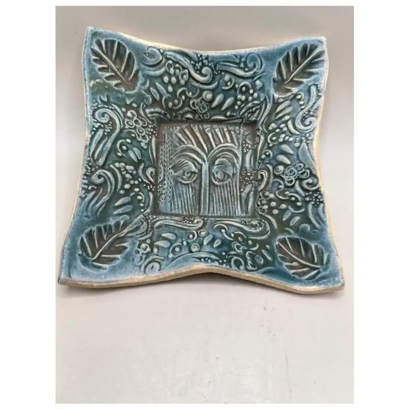 Whimsical Blue Pottery Trinket Dish ~ Intricate Design ~ 4 inches across