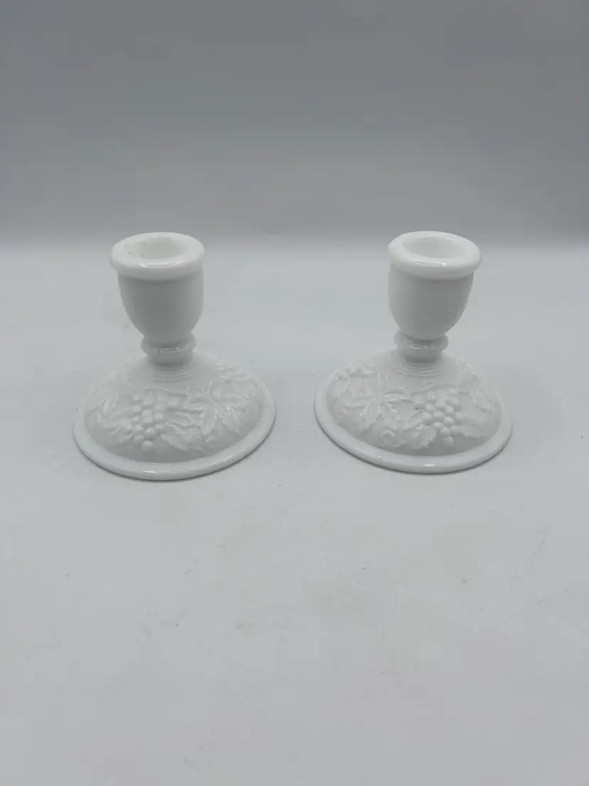 Set Of Two Imperial Glass Grape and Leaf Candleholder Milk Glass Satin
