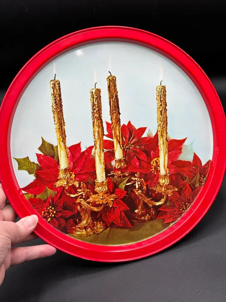 Vintage Christmas Holiday Round Metal Trays, Candles