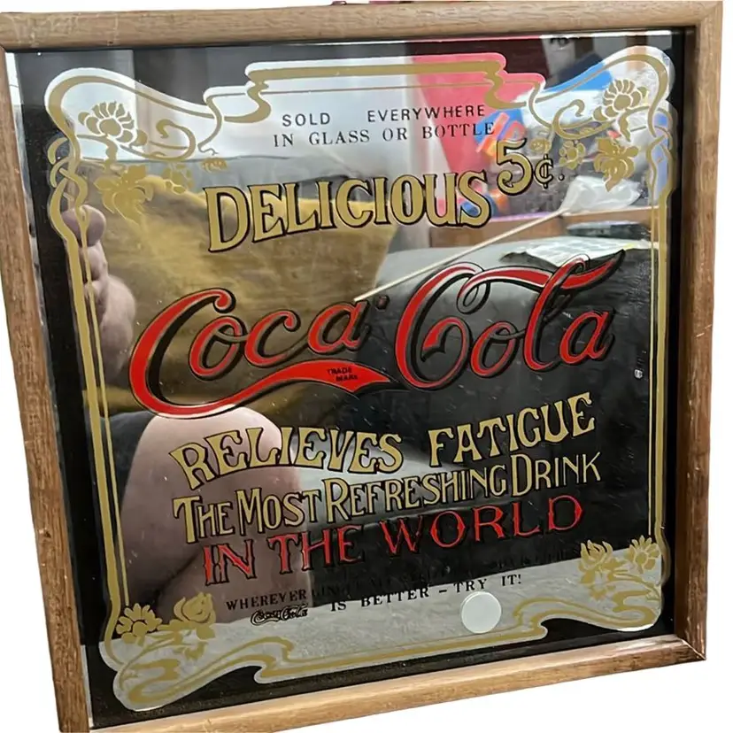 VINTAGE 70'S Coca Cola Mirror Sign "Relieves Fatigue" 5 Cents 12”x12” Frame