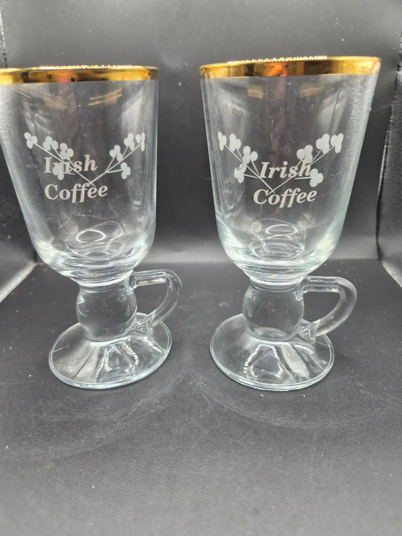 Vintage DUISKE Irish Coffee Glasses Gold Rimmed Etched Shamrock Design Mugs