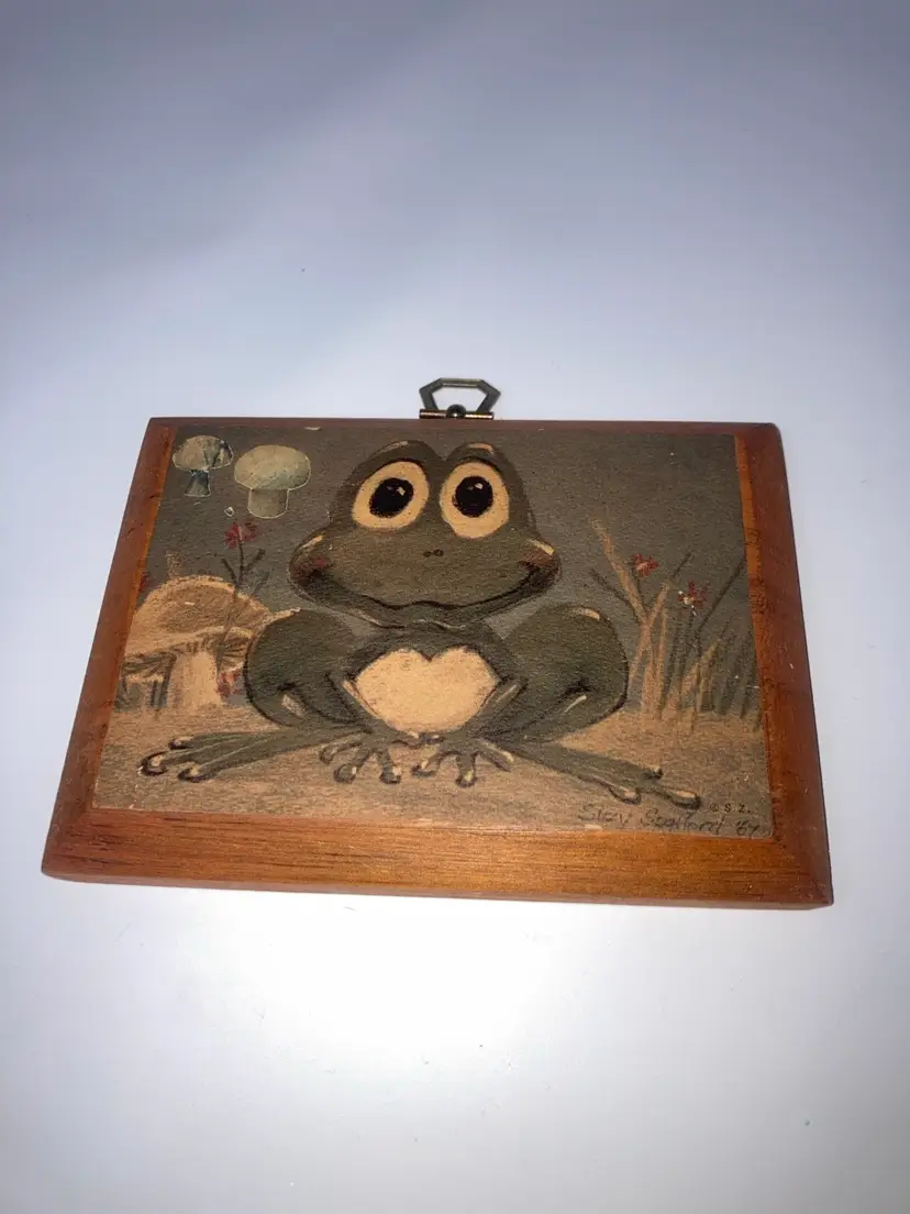 Vintage Signed Suzy Spafford ‘67! Whimsical Frog, Possibly a Prince! 💋 5”x7”! Mushrooms Too! 🍄🍄‍🟫🍄
