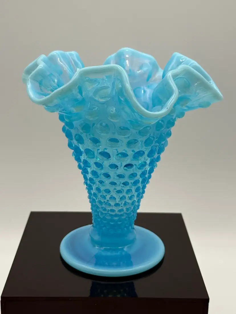 Fenton Blue Opalescent Hobnail Ruffle Vase