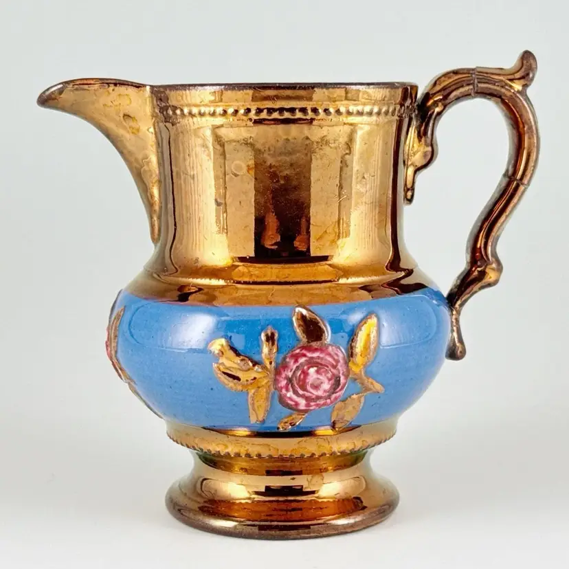English Copper Lusterware Jug Creamer Red Rose Flowers Blue Ribbon Antique 1800s