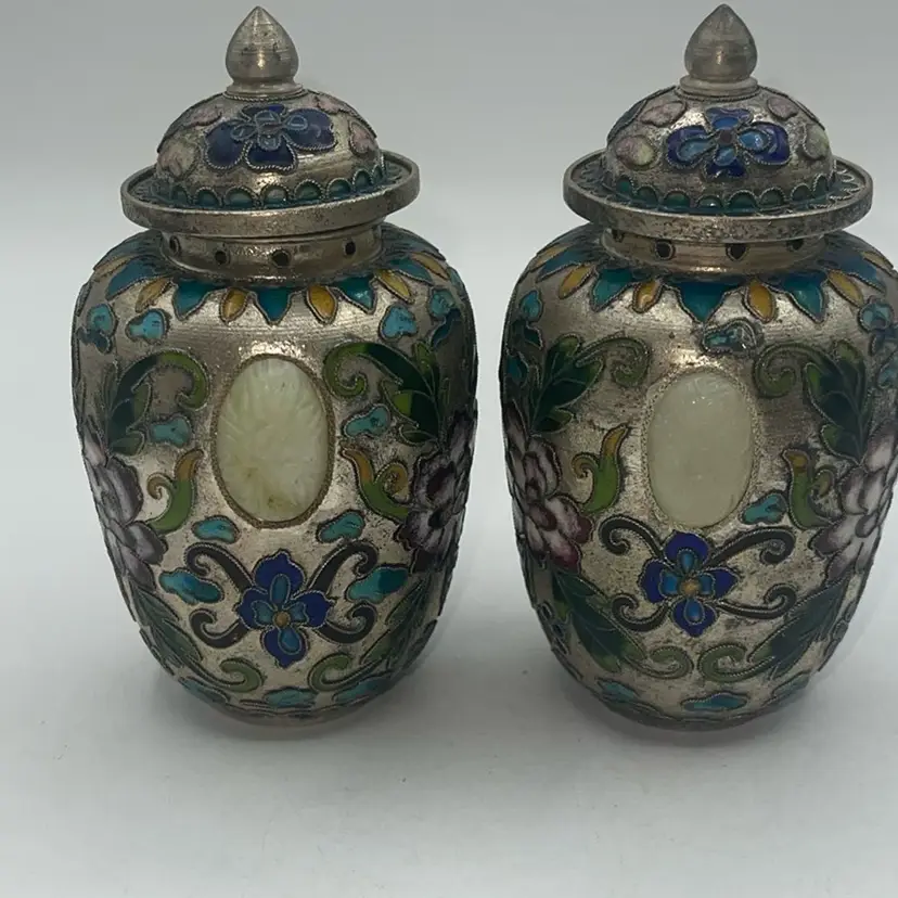 Vintage Cloisonné Lidded Jars With Carved Stones 5”