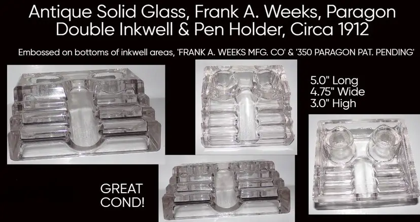 Antique Frank A. Weeks, PARAGON Glass Double Inkwell, Pen Holder c1912