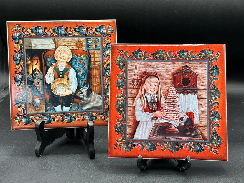 Pair of Suzanne Toftey Norwegian 6" Square Tiles Trivets Boy & Girl