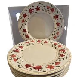 WORLD MARKET Ceramic RED FLOWER LEAF Off White Dinner PLATE Set Of 6