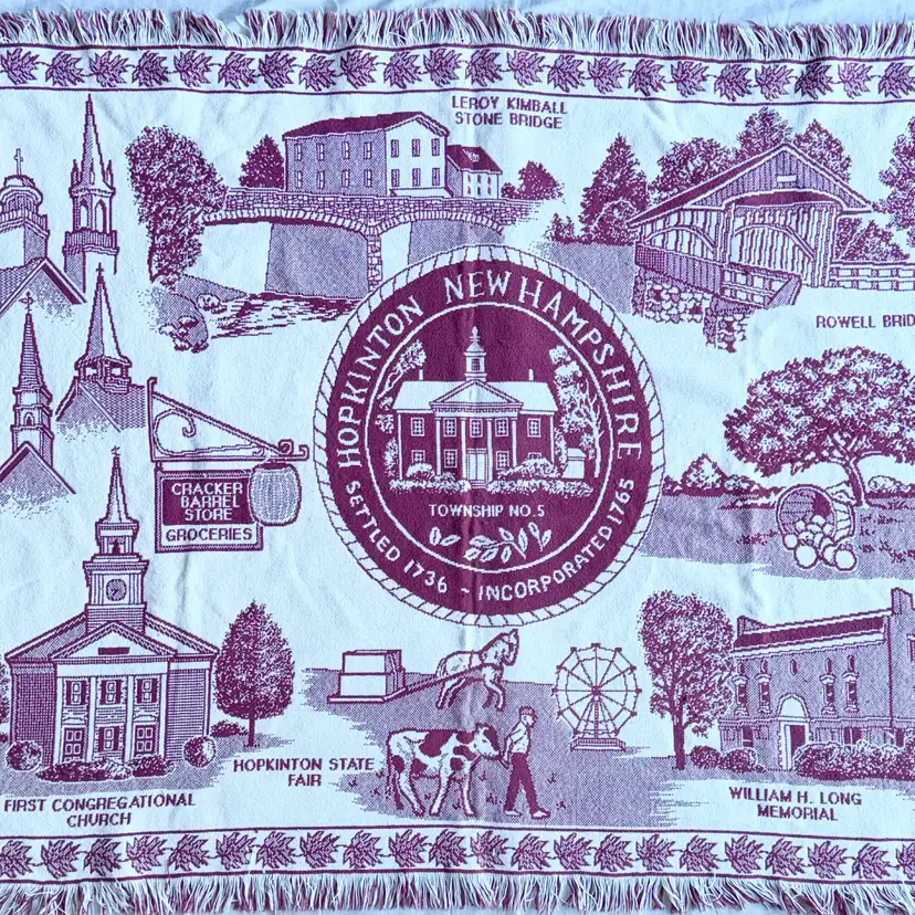 Vintage Tapestry Throw Blanket Hopkinton New Hampshire Maroon/White Apprx 48x63