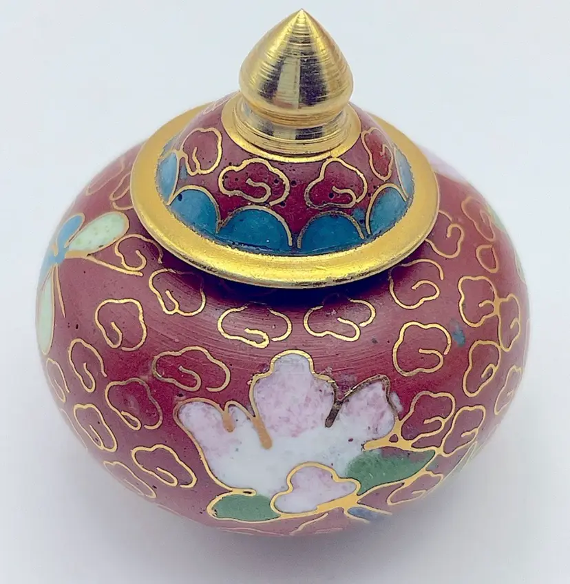 Miniature, Metal, Multicolored Cloisonné Vessel with Lid, Floral/Leaves/Butterfly, 1.25”. Beautiful Condition!