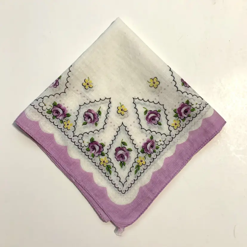 Lavender Yellow Floral Scallops Handkerchief Bridesmaid Cottage Core Granny Vintage