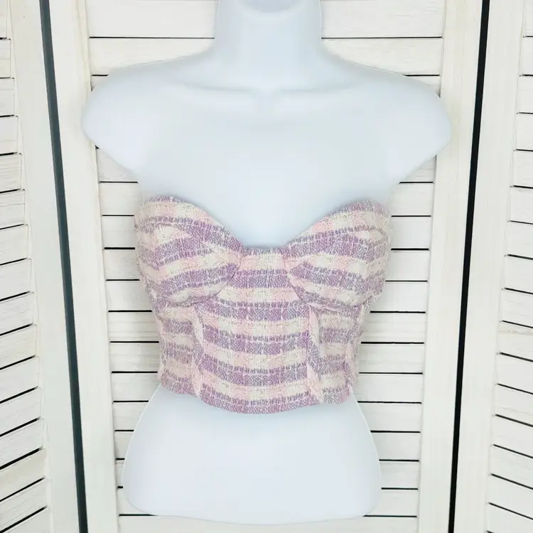 Zara Plaid Tweed Bustier Corset Top Pink Purple Large Crop Strapless